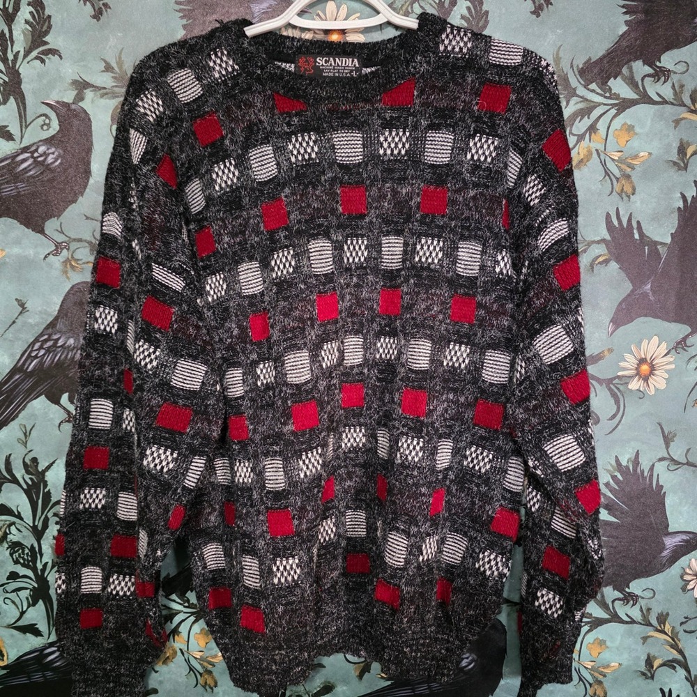 Scandia Vintage 90s Sweater Geometric Grid Red Black Fuzzy Knit Pullover USA L